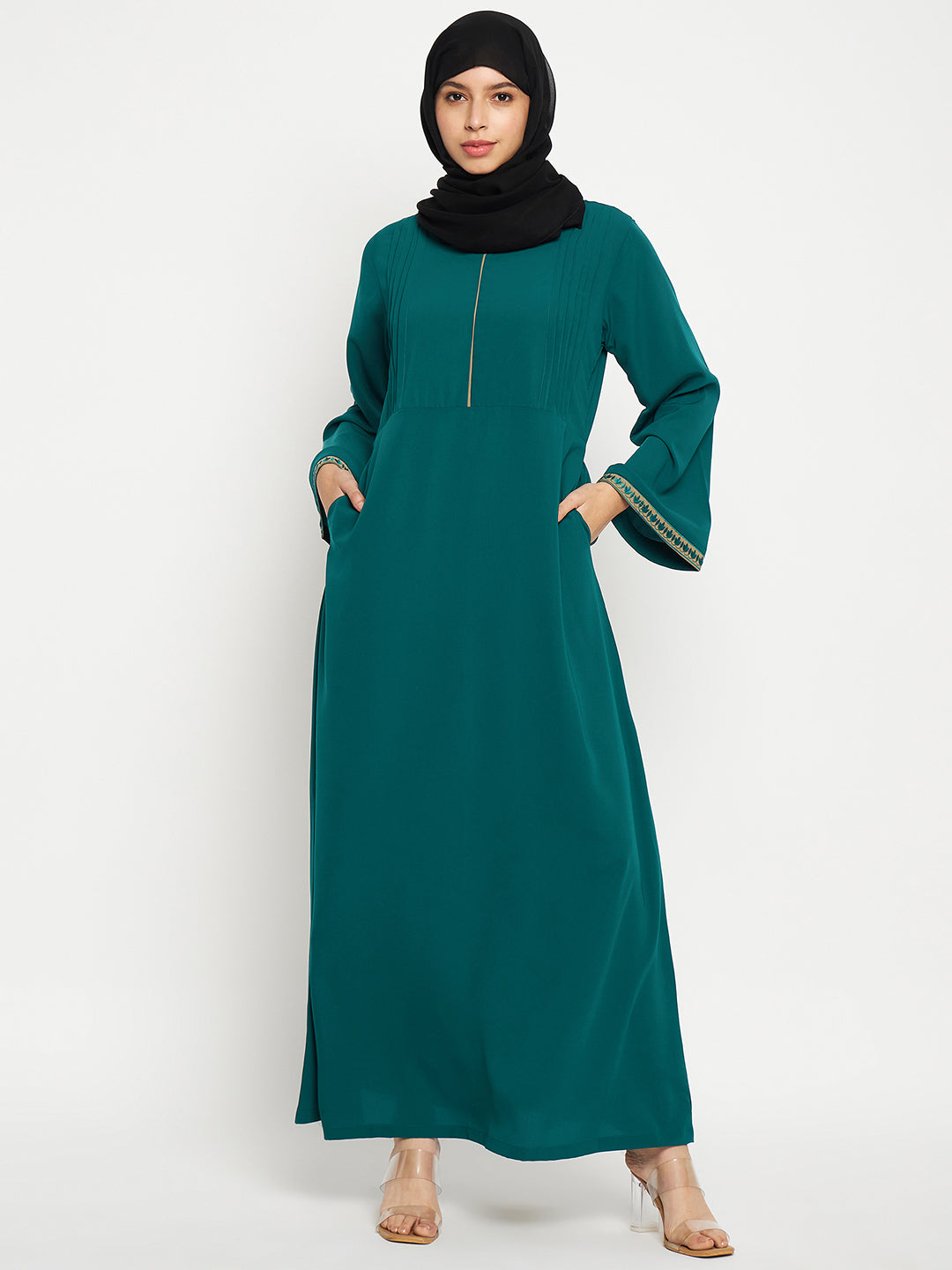 Embroidery Work Solid Bottle Green Abaya Burqa For Women With Black Scarf