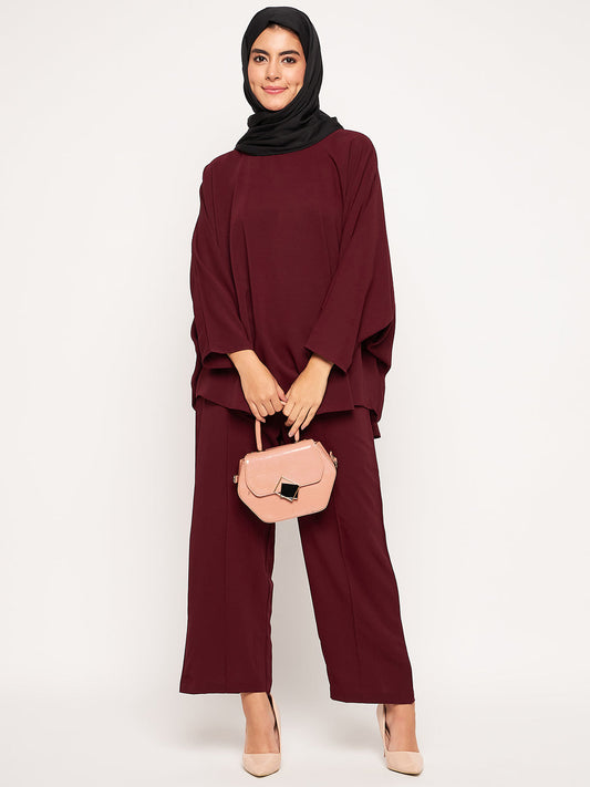 Maroon Solid Round Neck Co-ord Set for Women