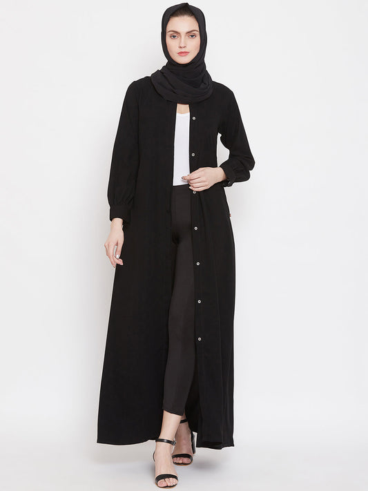 Women Black Solid Front Open Abaya With Georgette Scarf