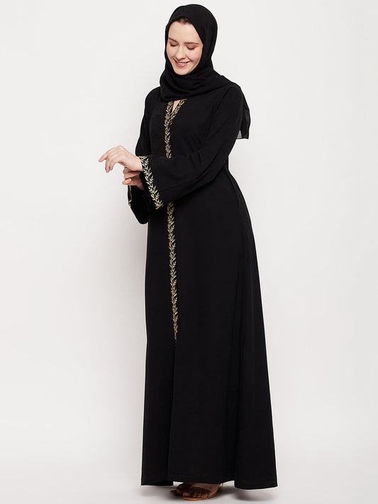 Women Black Solid Nida Matte Fabric Abaya Burqa With Black Georgette Scarf