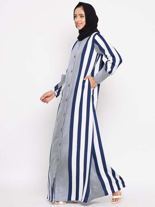 Women Blue Front Open Striped Abaya With Georgette Scarf